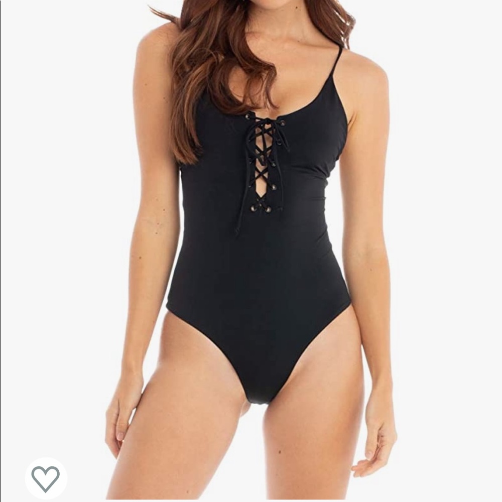 Tavik Solid Black Lace Up Open Back One Piece Swimsuit Size Small